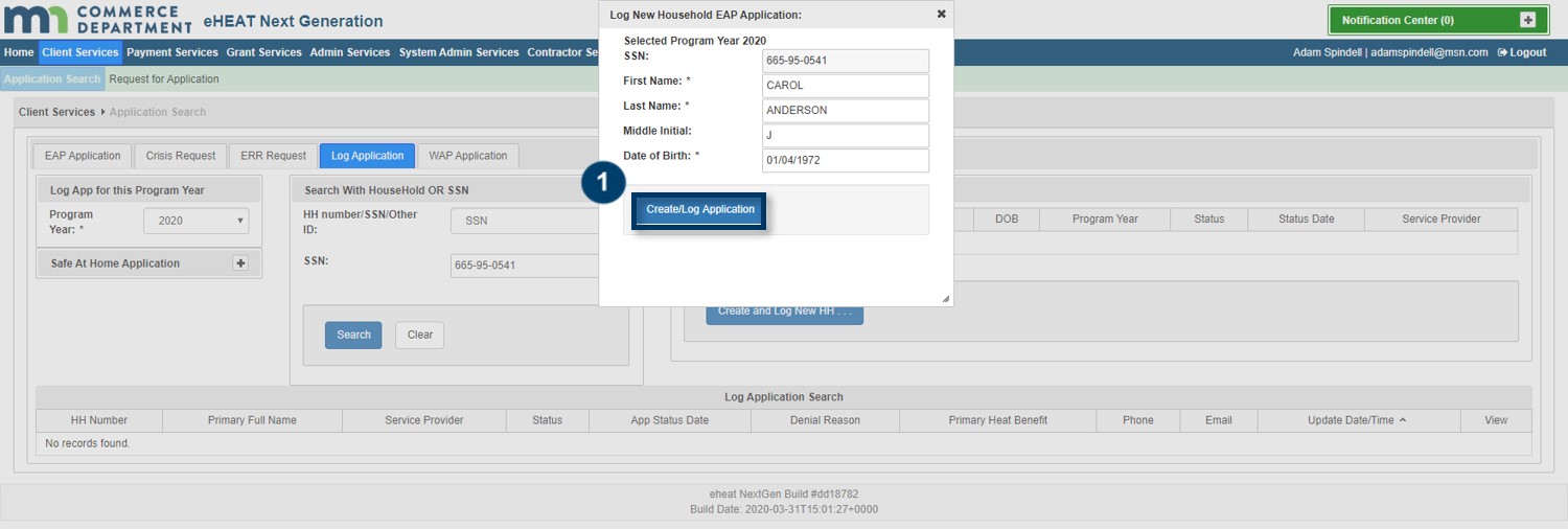 Create Log Application button is highlighted.